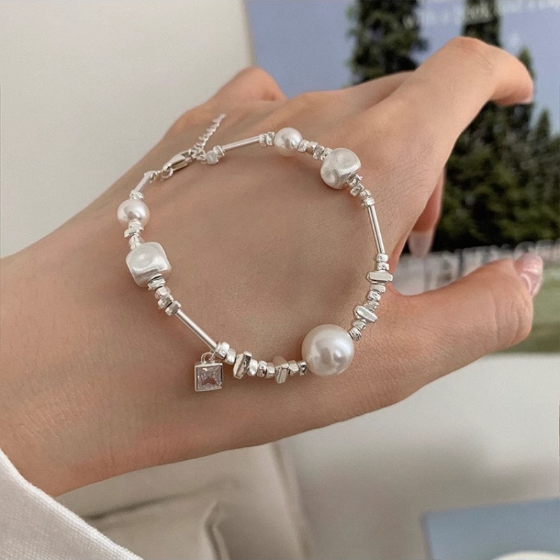 Pearl silver bracelet, S925 sterling, natural irregular, minimalist