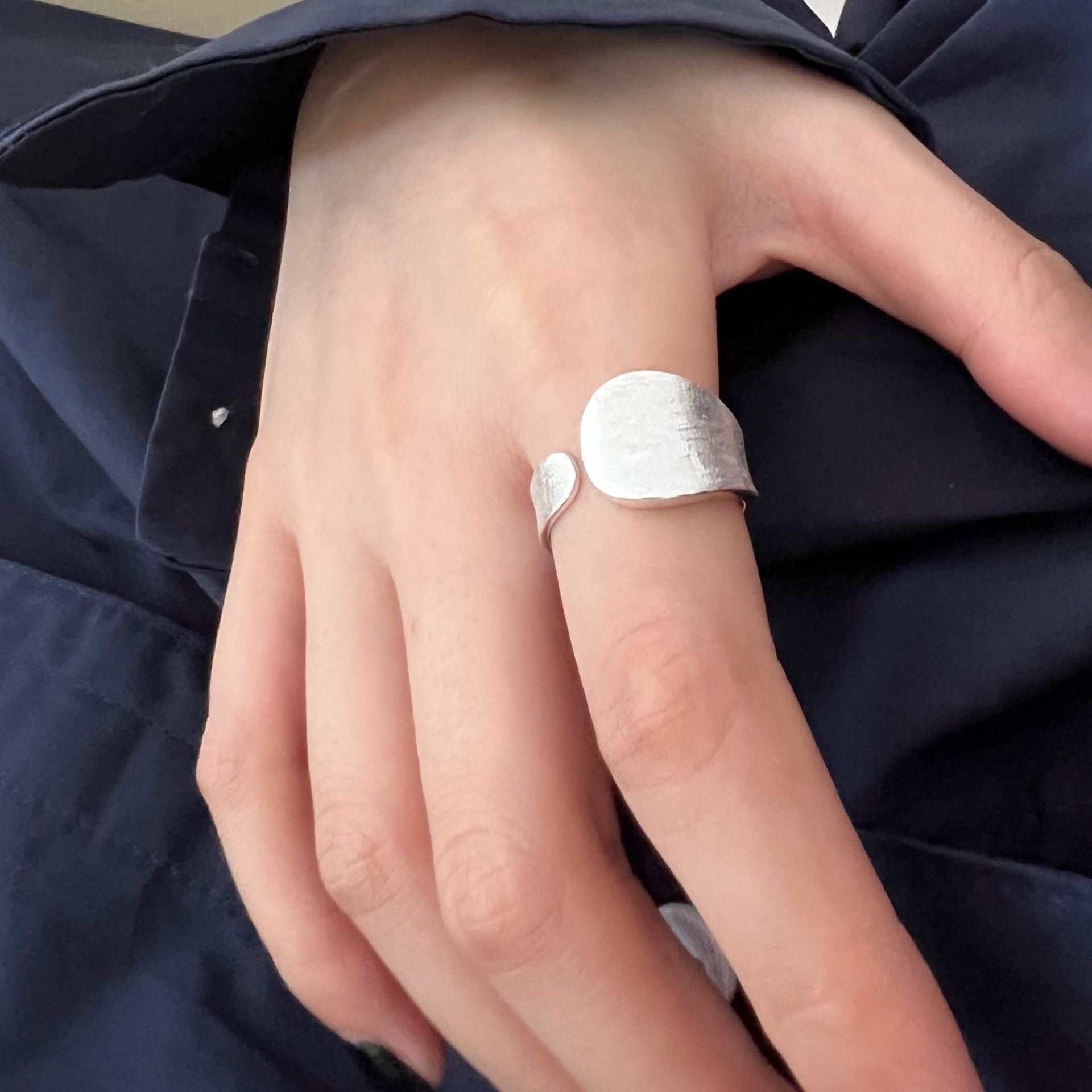 S925 Sterling Silver Asymmetric Wide Ring, Brushed Design, Women's