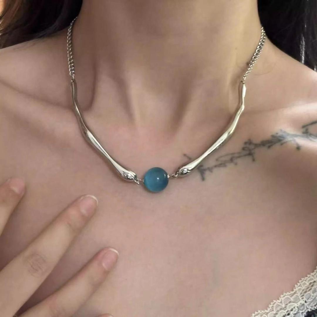 Asymmetric geometric blue necklace stainless steel retro style