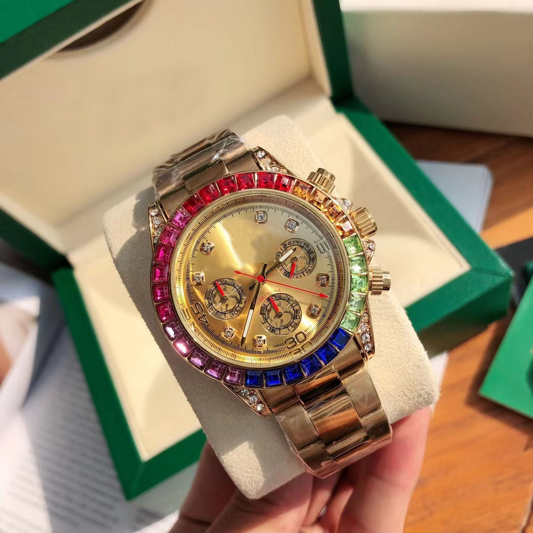Rainbow men's quartz watch, steel band, diamond bezel