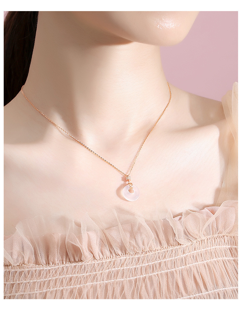 S925 Silver White Chalcedony Necklace, Safety Buckle, Chinese Style