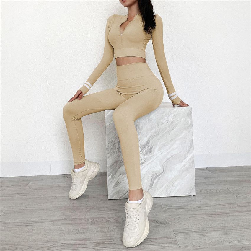 Kadın pilates yoga seti, fermuar, uzun kollu, tayt, profesyonel fitness