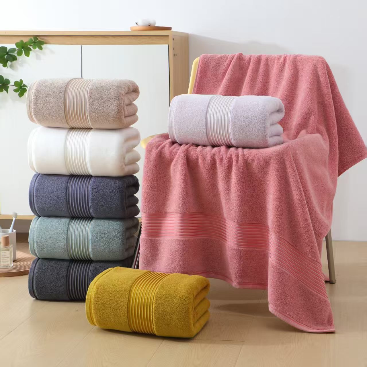 Cotton Towel and Bath Towel Set, 100% Pure Cotton, Four Pieces