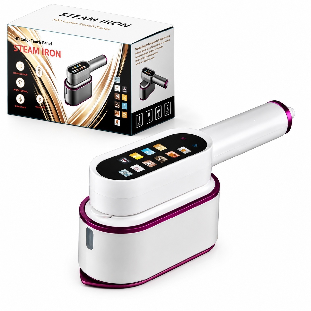 Foldable handheld garment steamer, touch screen, portable
