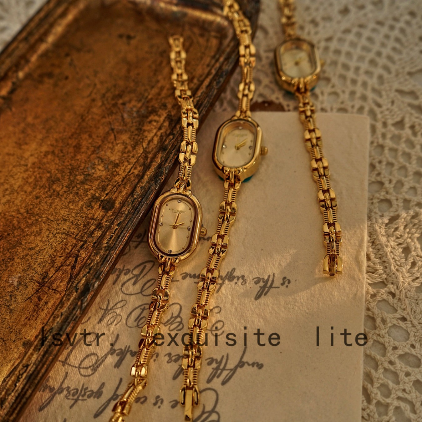 LSVTR Vintage-Damenuhr in Gold mit Mini-Armband