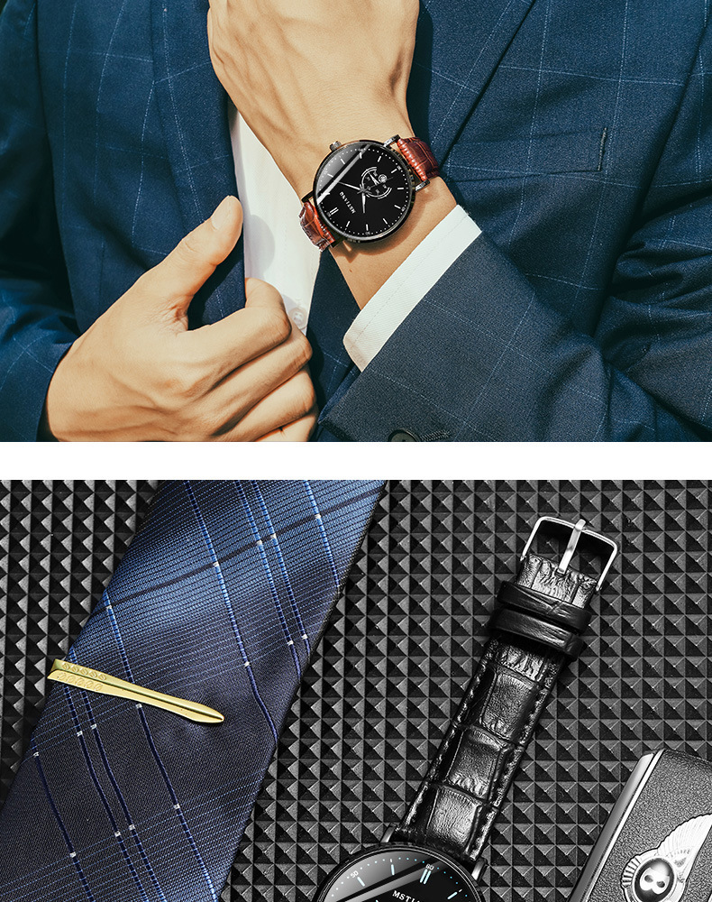 Black technology leather strap men's watch, Korean style, ultra-thin design