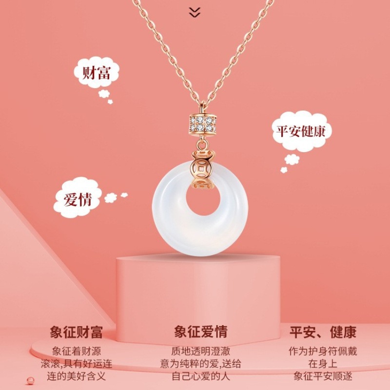 S925 Silver White Chalcedony Necklace, Safety Buckle, Chinese Style