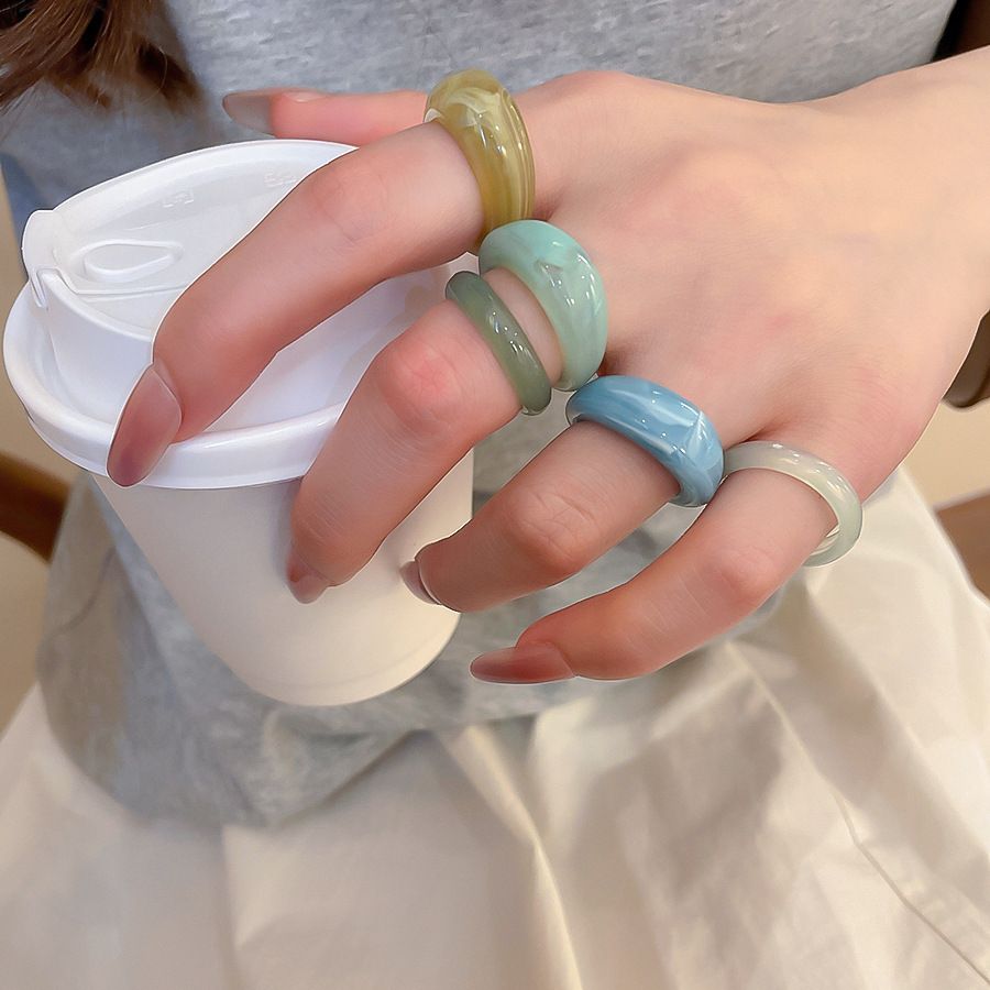 亚克力晕染圆形戒指五件套欧美小清新甜美食指戒小众设计感指环女