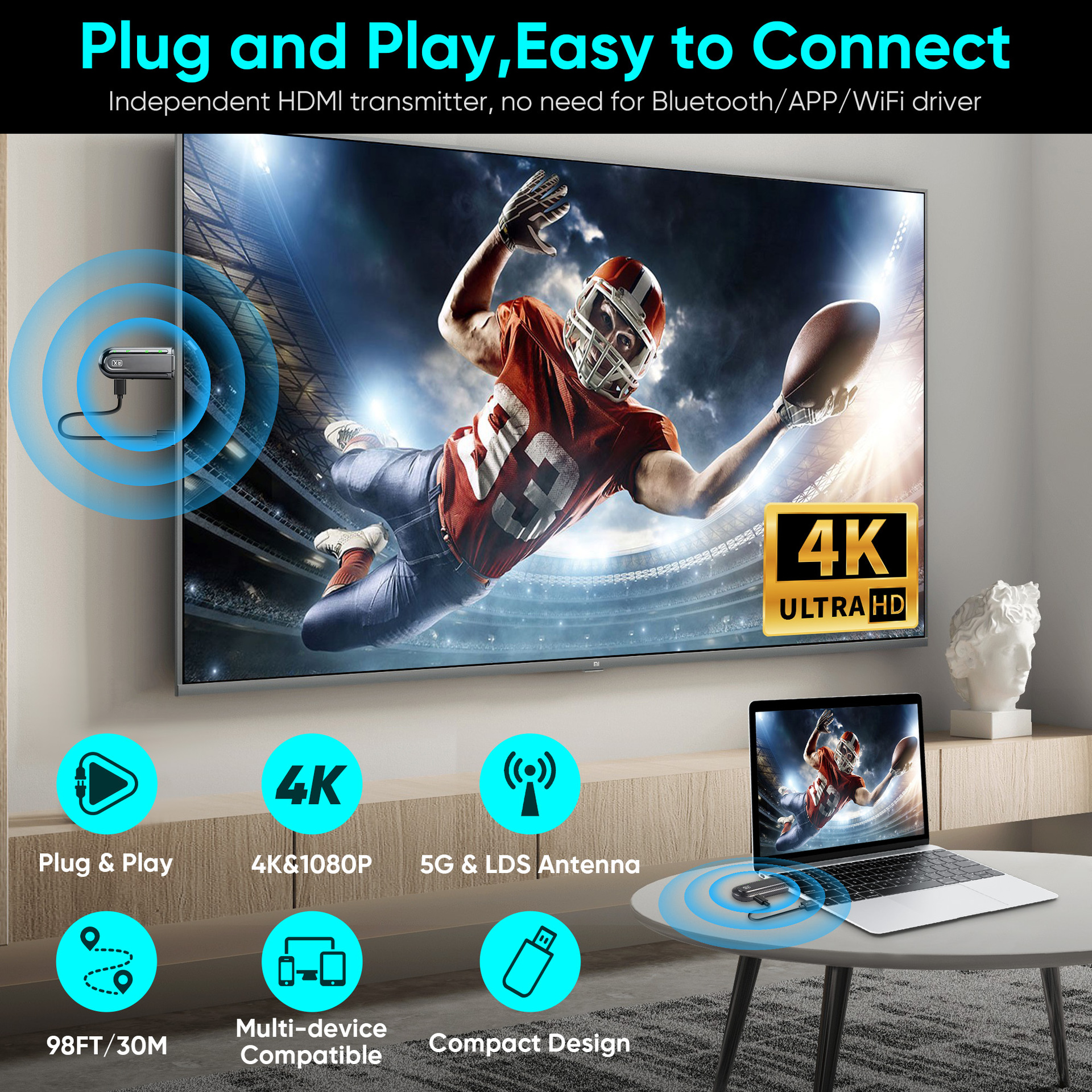HDMI wireless extender, 4K, 60 meter range