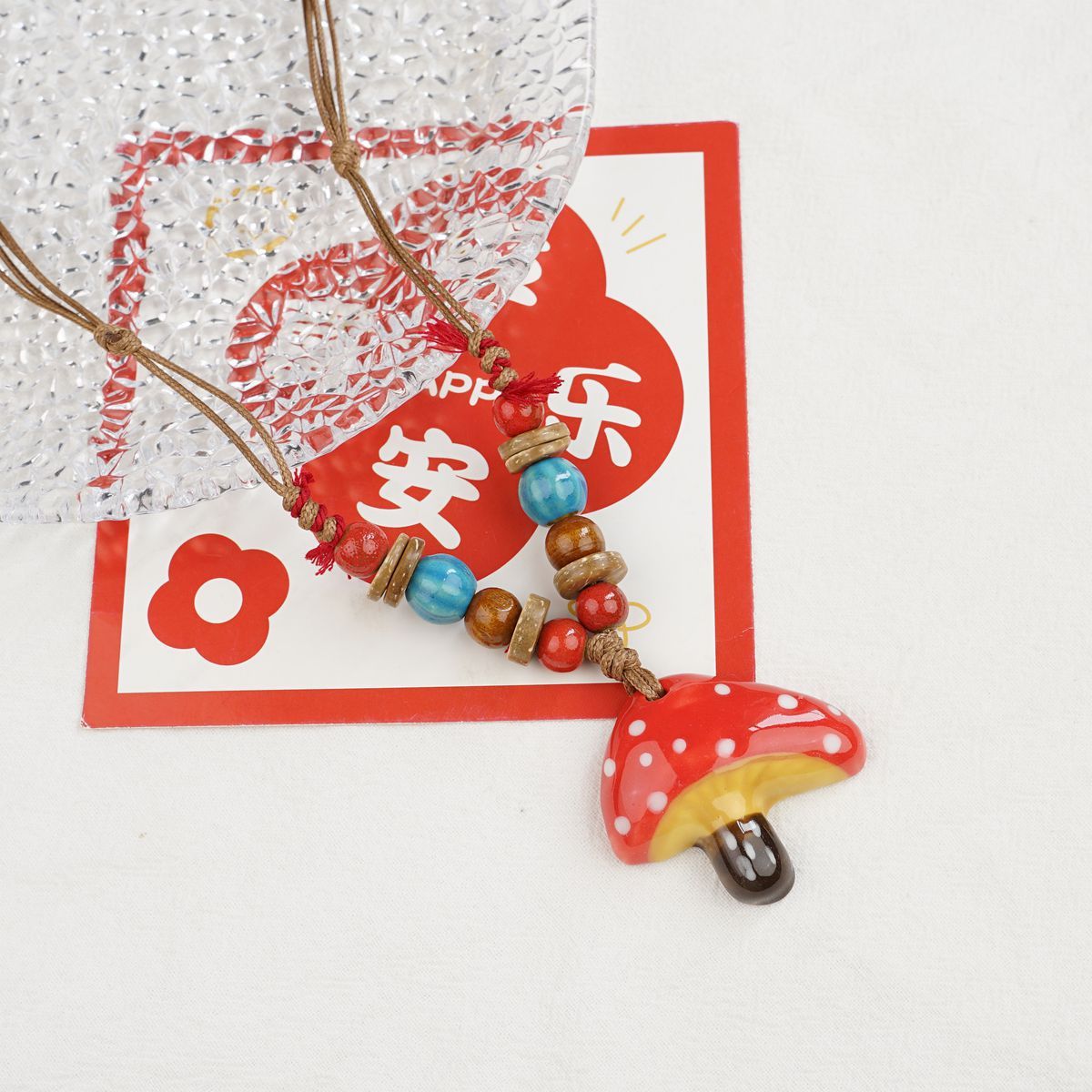 Jingdezhen ceramic mushroom pendant, Chinese style long sweater chain