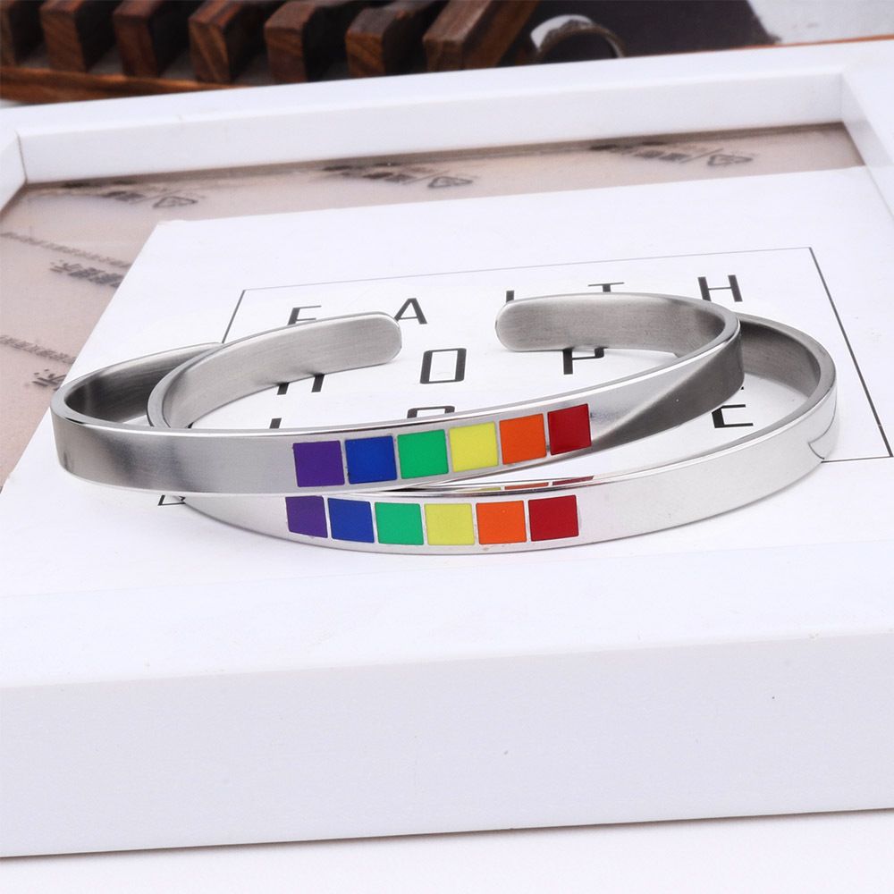Stainless steel rainbow C-shaped open bangle 6MM