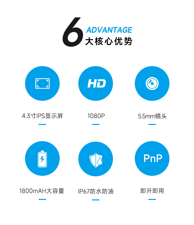 Endoscope 5.5mm, 4.3 inch display, automotive inspection, wide angle waterproof