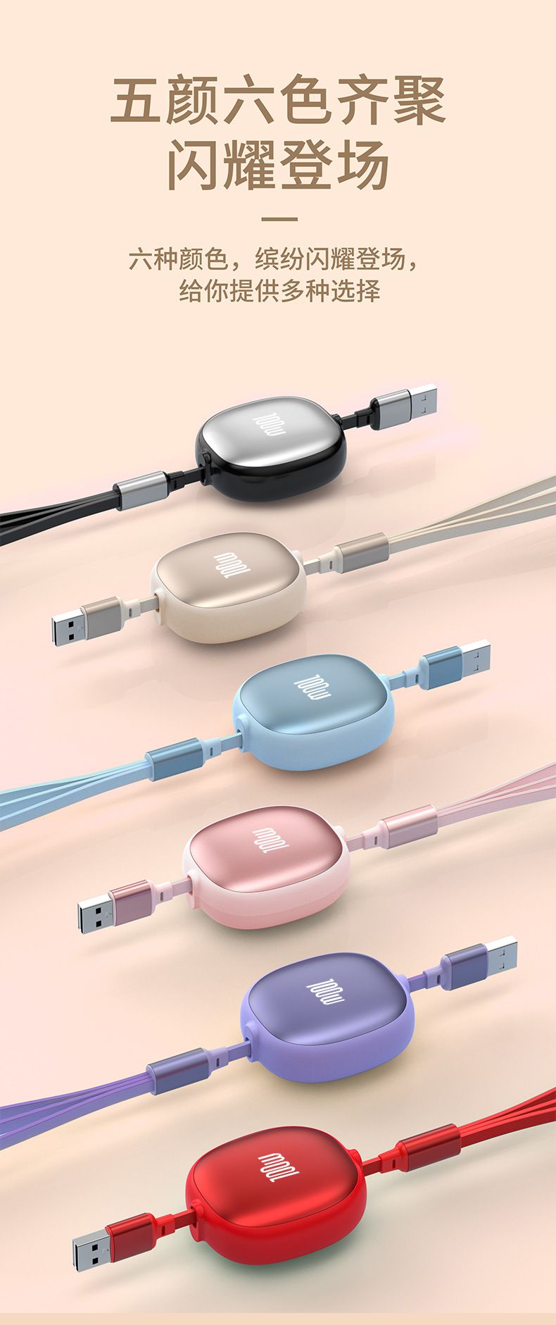 Retractable 3-in-1 Charging Cable, 100W, 6A