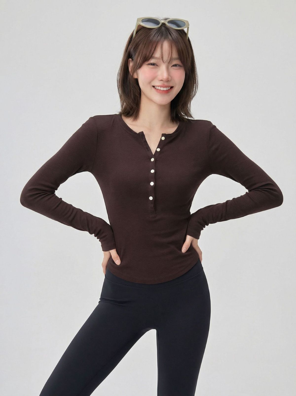 Fitness Yoga-Langarm mit Henley-Kragen, figurbetonend, Herbst-Winter