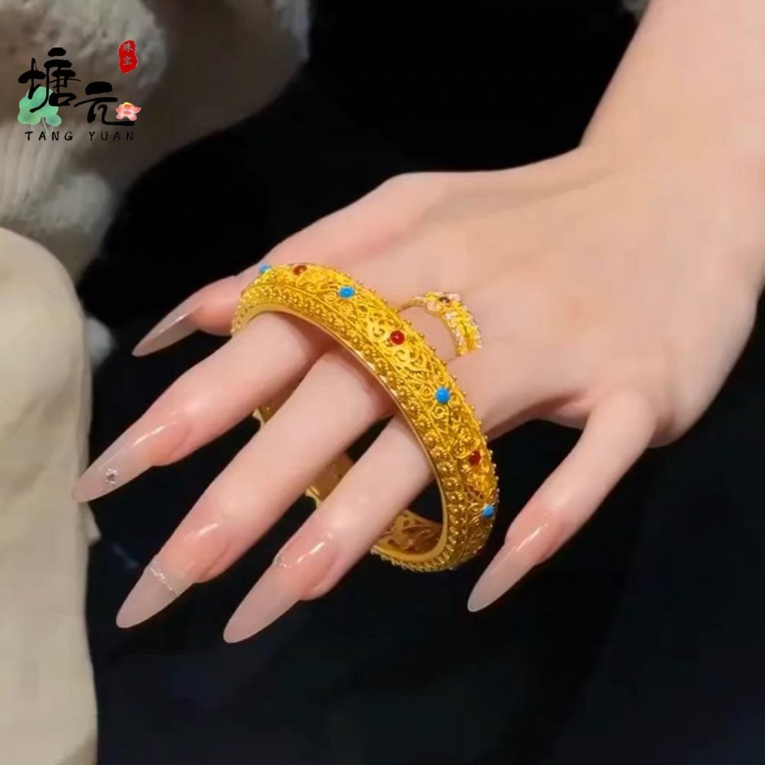 金店新款越南沙金手镯女镂空花丝珐琅镯子 时尚气质百搭婚庆饰品