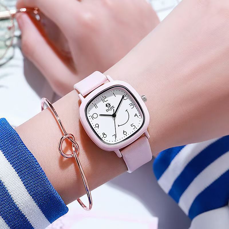 Square face quartz watch, white, for students