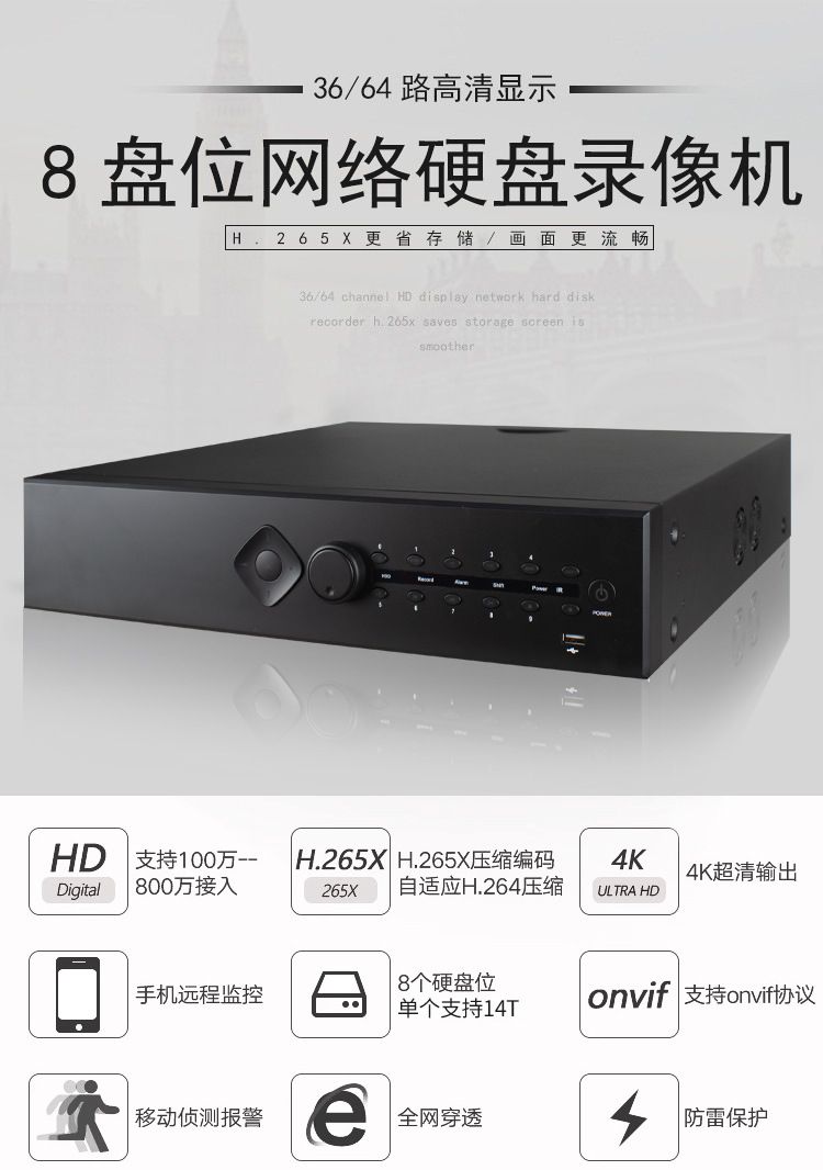 32-channel 8-disk NVR 4K H.265 high resolution recorder