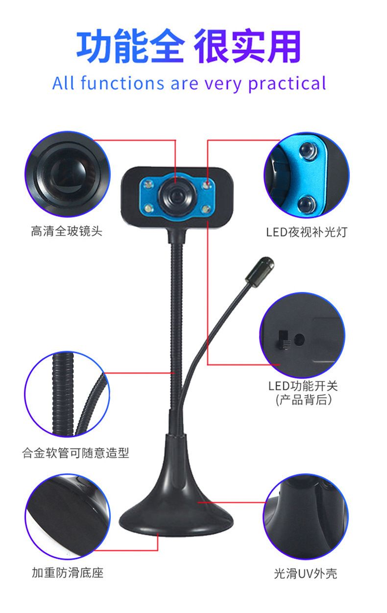 HD-USB-Webkamera mit Mikrofon und Nachtsichtbeleuchtung