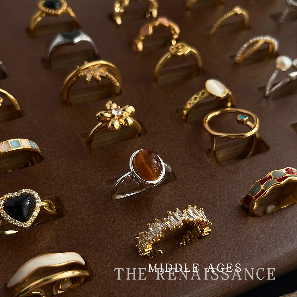 Vintage Enamel Zircon Ring Adjustable Tiger Eye Stone