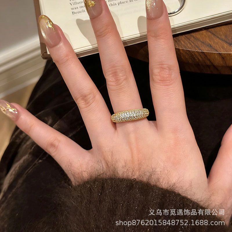 中古金色菱格满钻戒指女款轻奢小众高级感八芒星老钱风食指戒指环