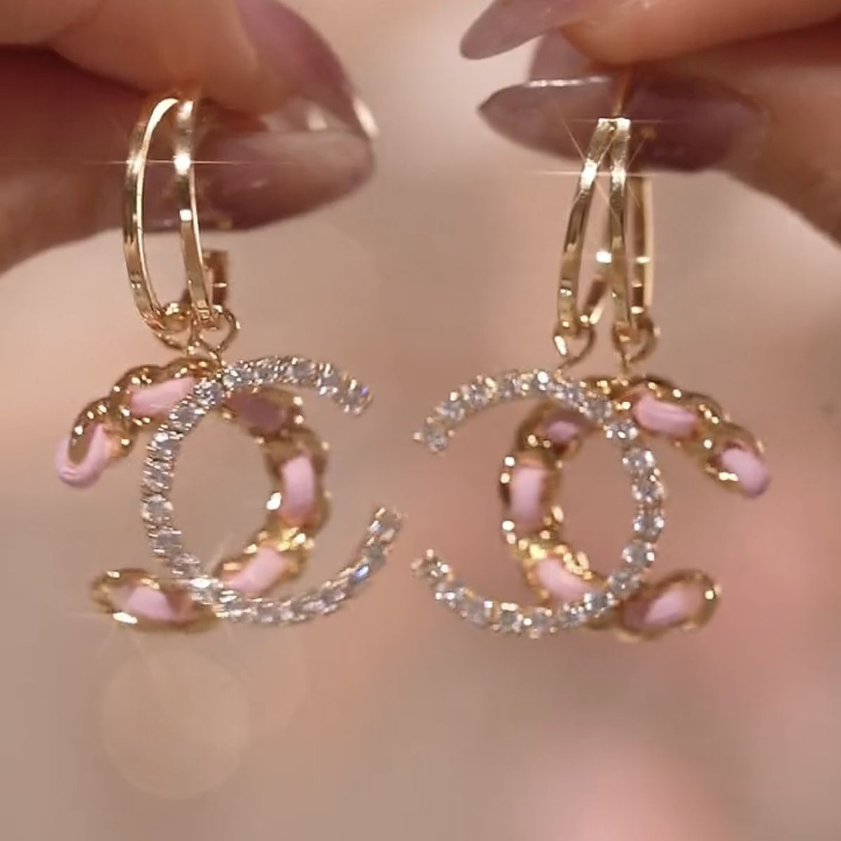 C-shaped pink leather rhinestone earrings, S925 silver needle