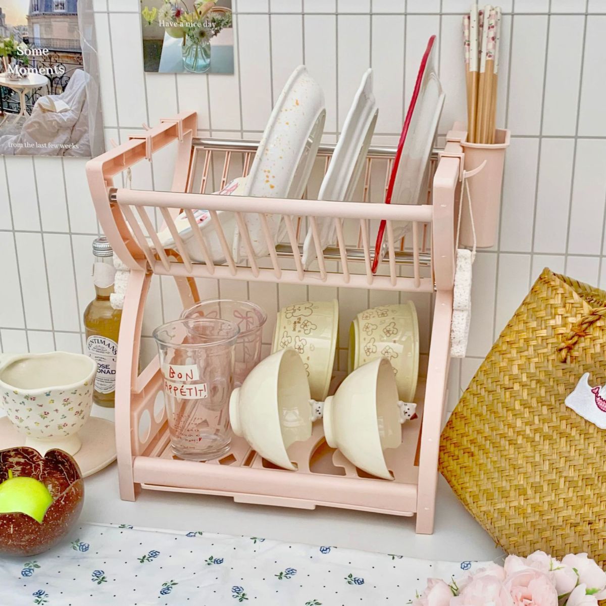 Double-layer kitchen storage rack with drain shelf for tableware