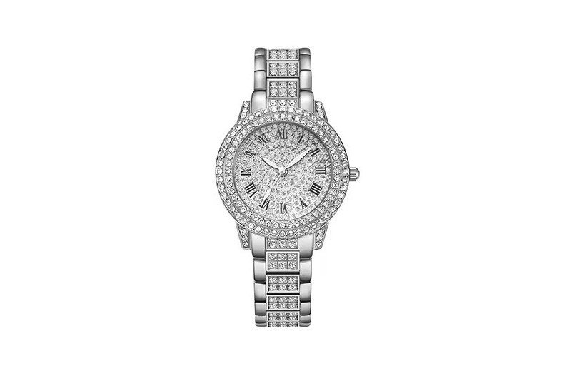 Women's diamond-studded quartz watch with Roman numerals and bracelet design