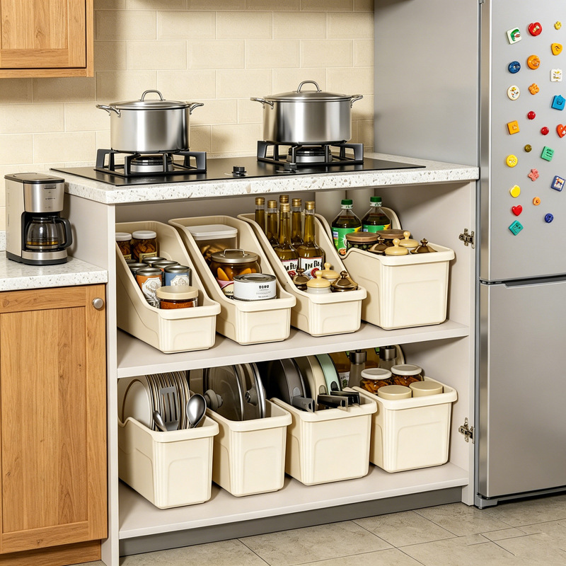 Kitchen storage box, pot lid organizer, plastic