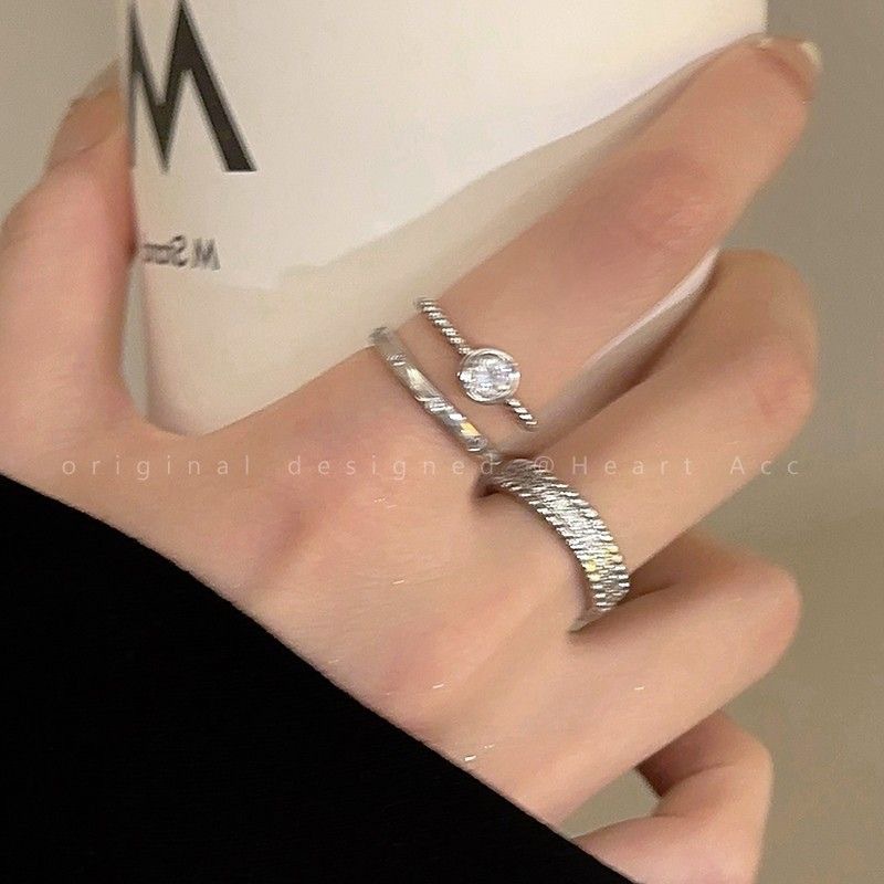 Women's ring, minimalist zircon metal, open design, index finger