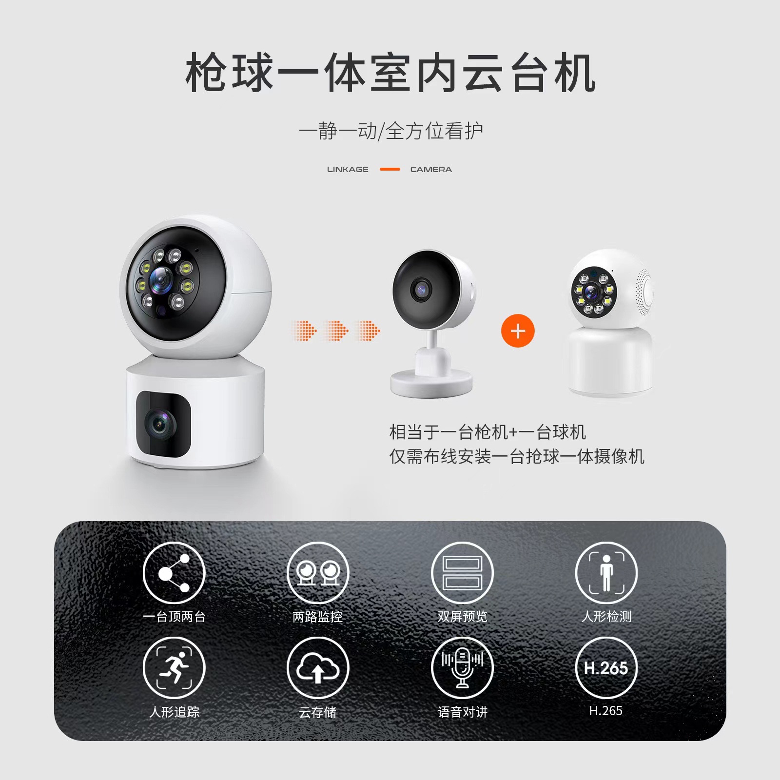 WiFi surveillance camera, 3MP dual lens, 5G wireless, rotatable mount