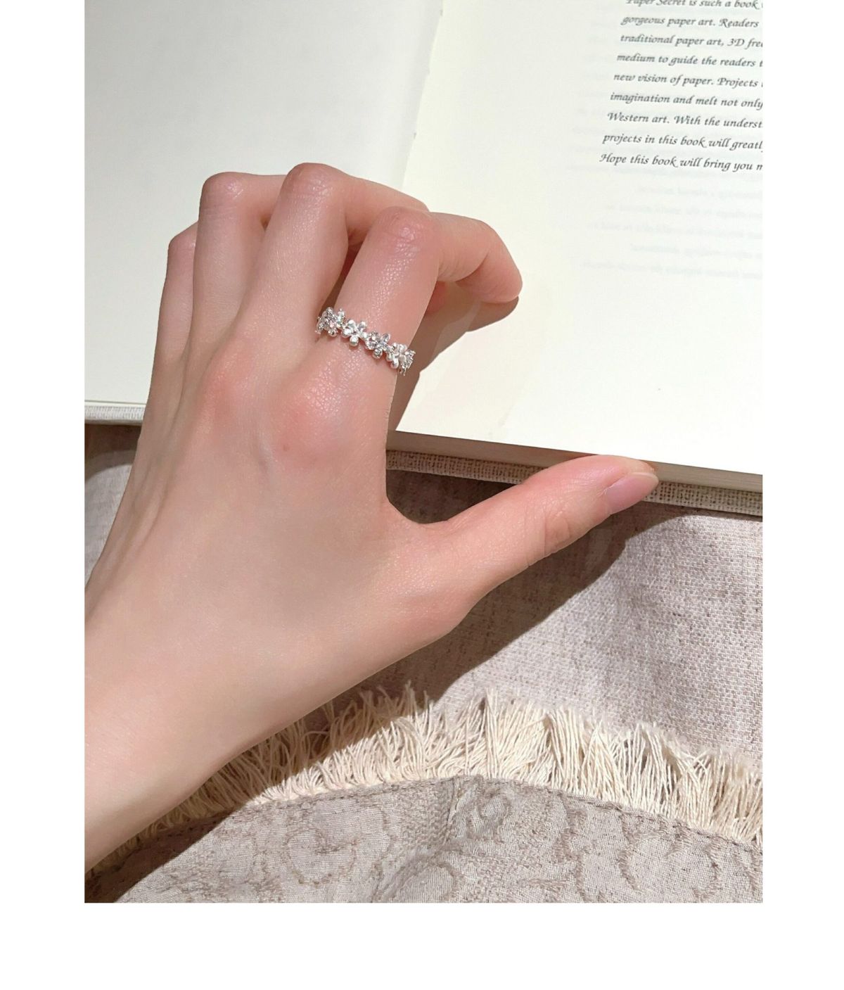 S925 sterling silver brushed flower open ring for women