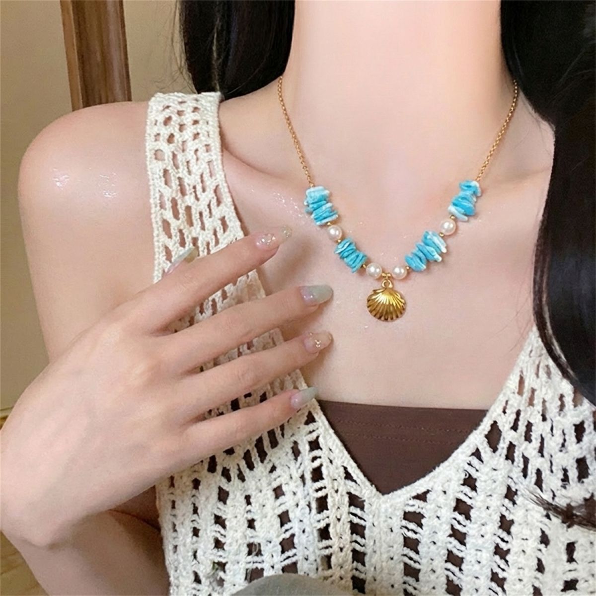 Pearl and shell bead necklace, beach vacation style