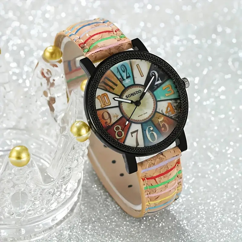 Women's watch, wooden grain leather strap, digital display