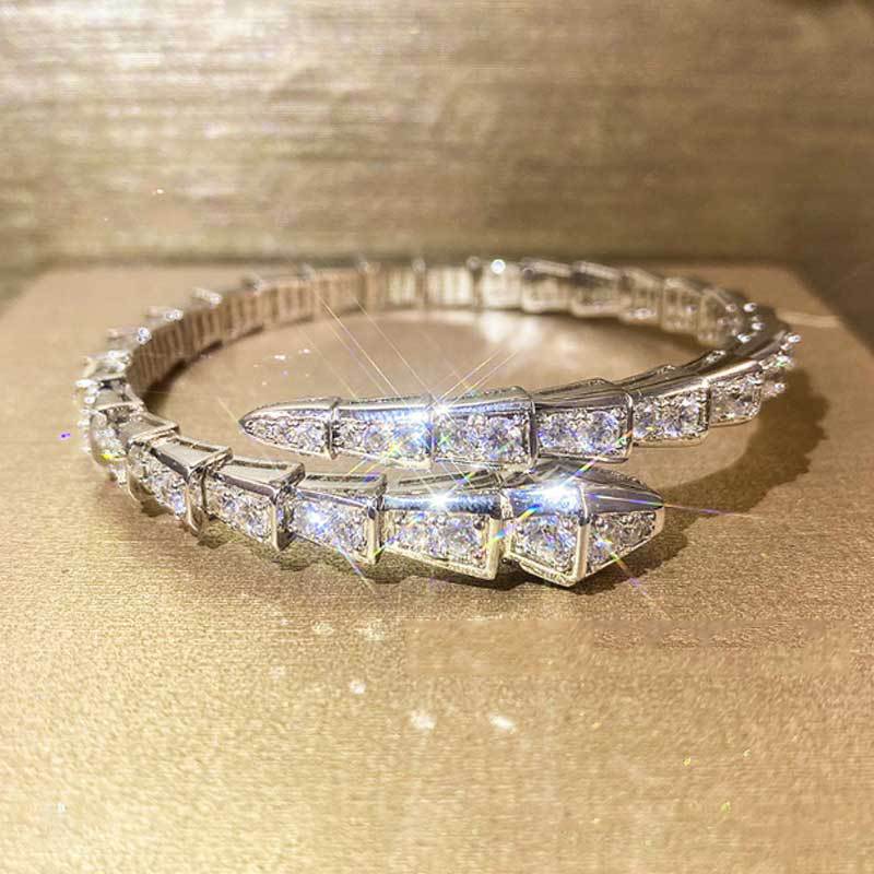 Snake-shaped bracelet with full rhinestones, 18k gold plating
