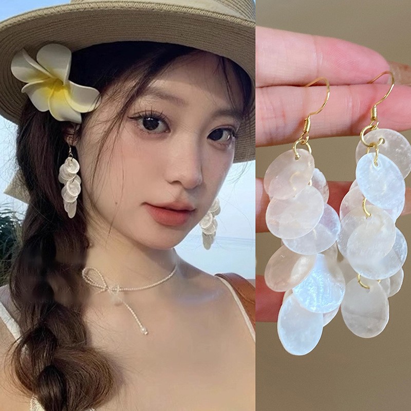 Silver Needle Round Shell Tassel Stud Earrings Summer Style