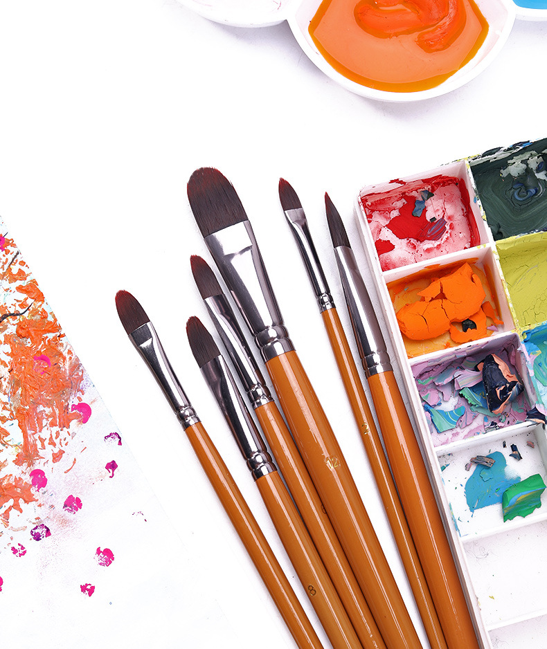 Aquarell- und Ölmalpinsel mit Holzgriffen, Nylonborsten, 6er-Set