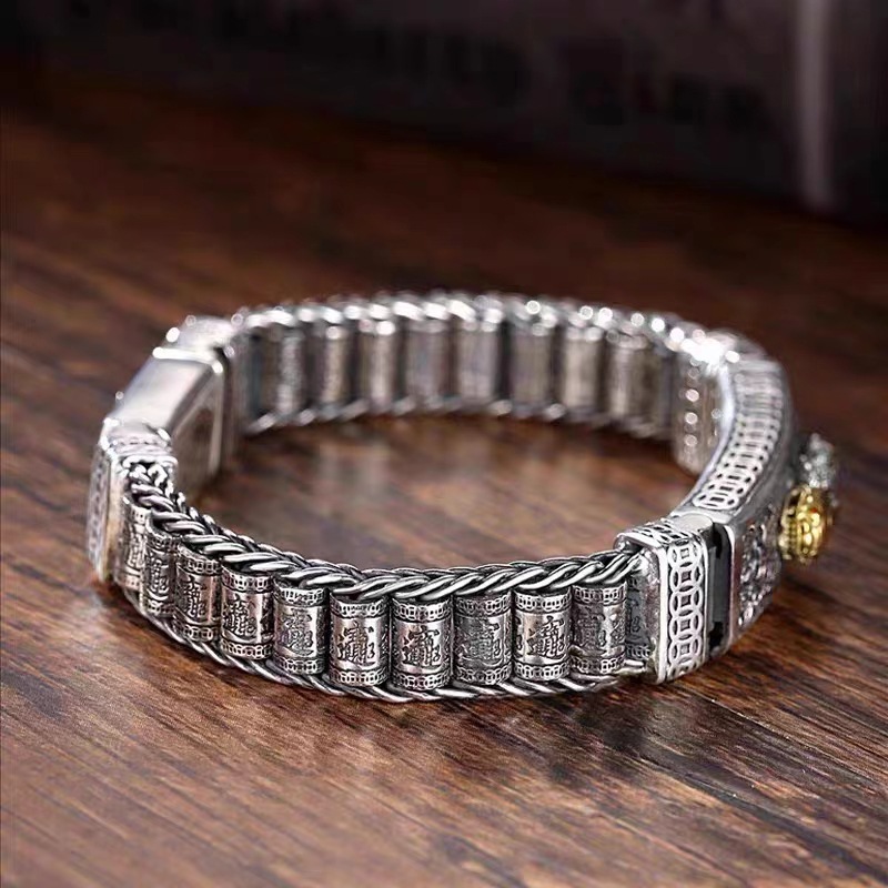 Pixiu silver bracelet, 18 beads, vintage design, wide band