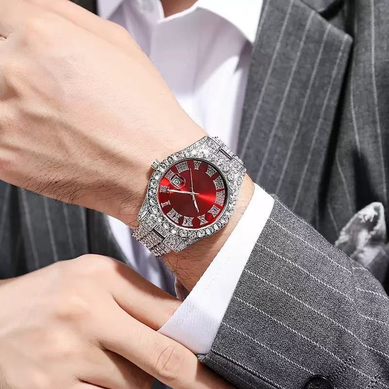 Men's quartz watch with crystals calendar roman numerals