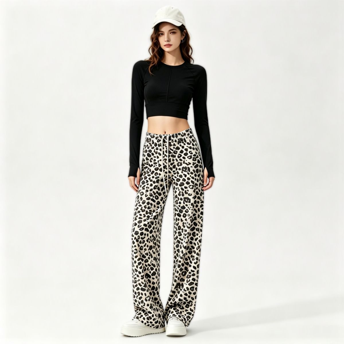 Damen-Yogahose mit Leopardenmuster und weitem Bein, hohe Taille