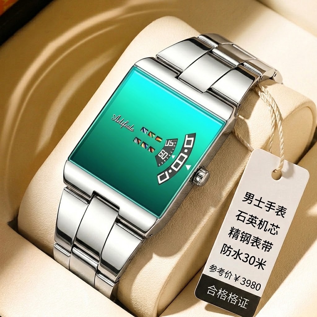 Men's Square Quartz Watch Steel Band Waterproof