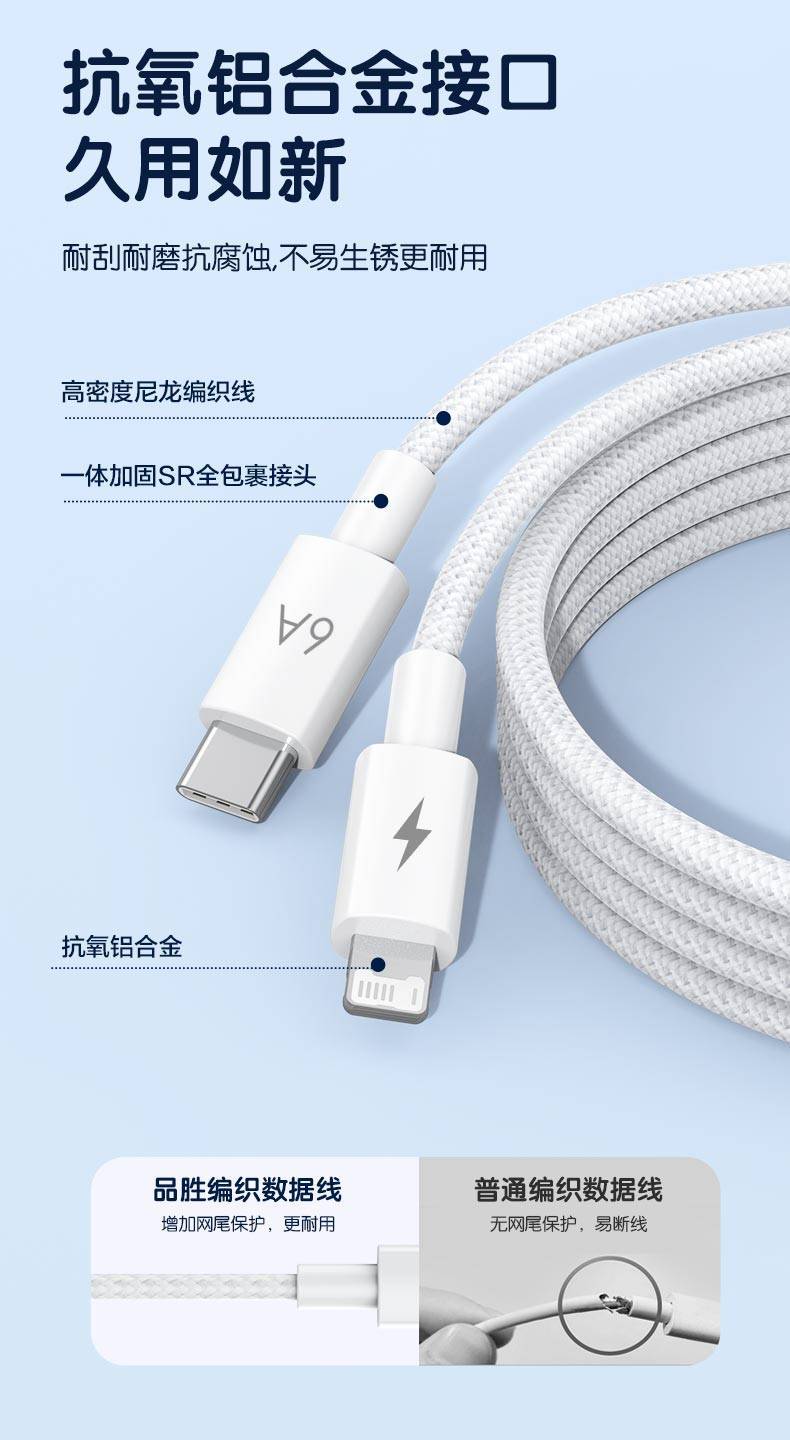 品胜C口一拖三数据线6A快充三合一适用苹果华为二合一充电编织线