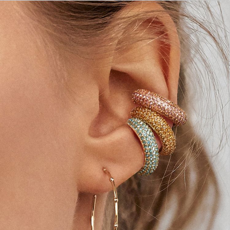 Full-rhinestone cartilage clip earrings, no piercing, colorful