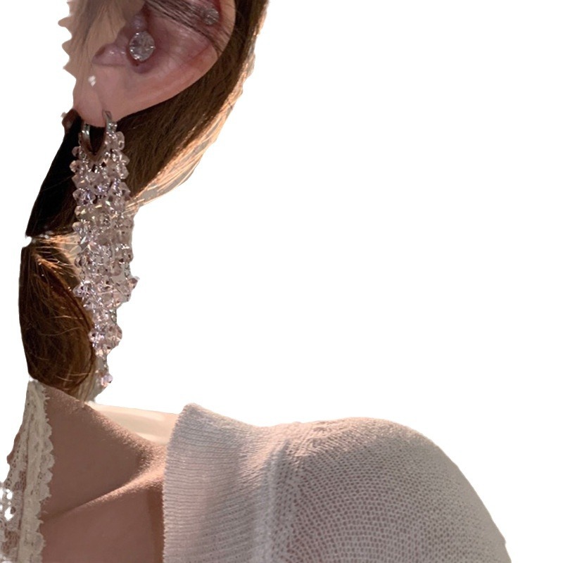 Crystal tassel earrings in white pink, elegant design