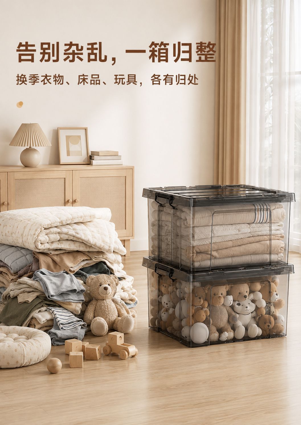 Clothing storage box with lid, clear, large capacity