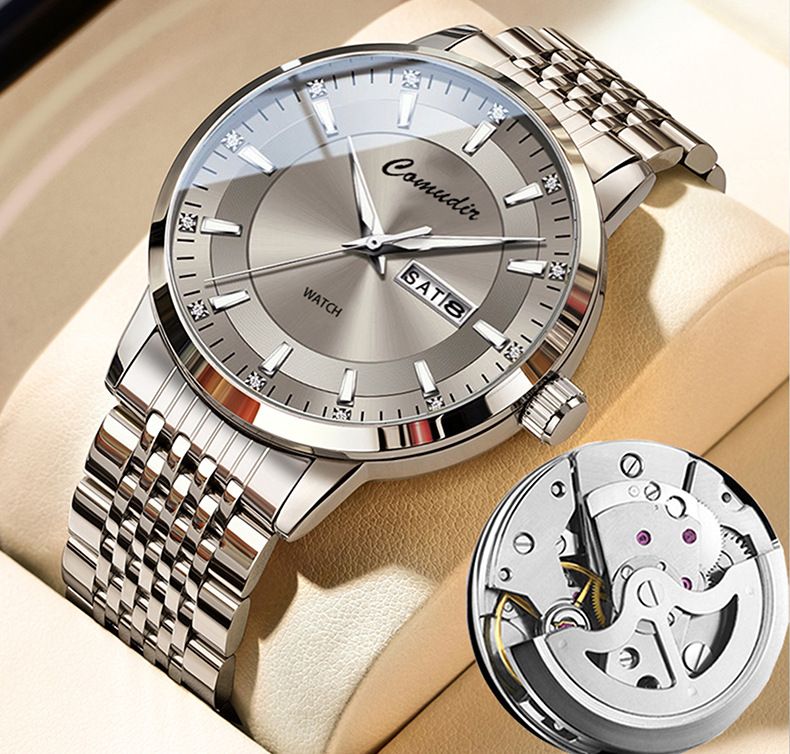 Automatic mechanical watch, hollow design, waterproof, luminous, dual calendar