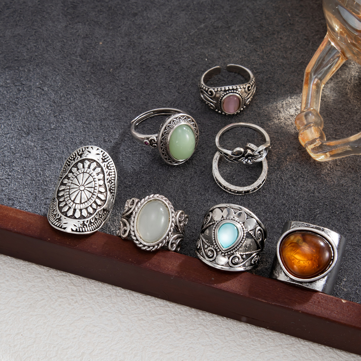 Antique silver carved wide band ring, cat's eye stone, stackable