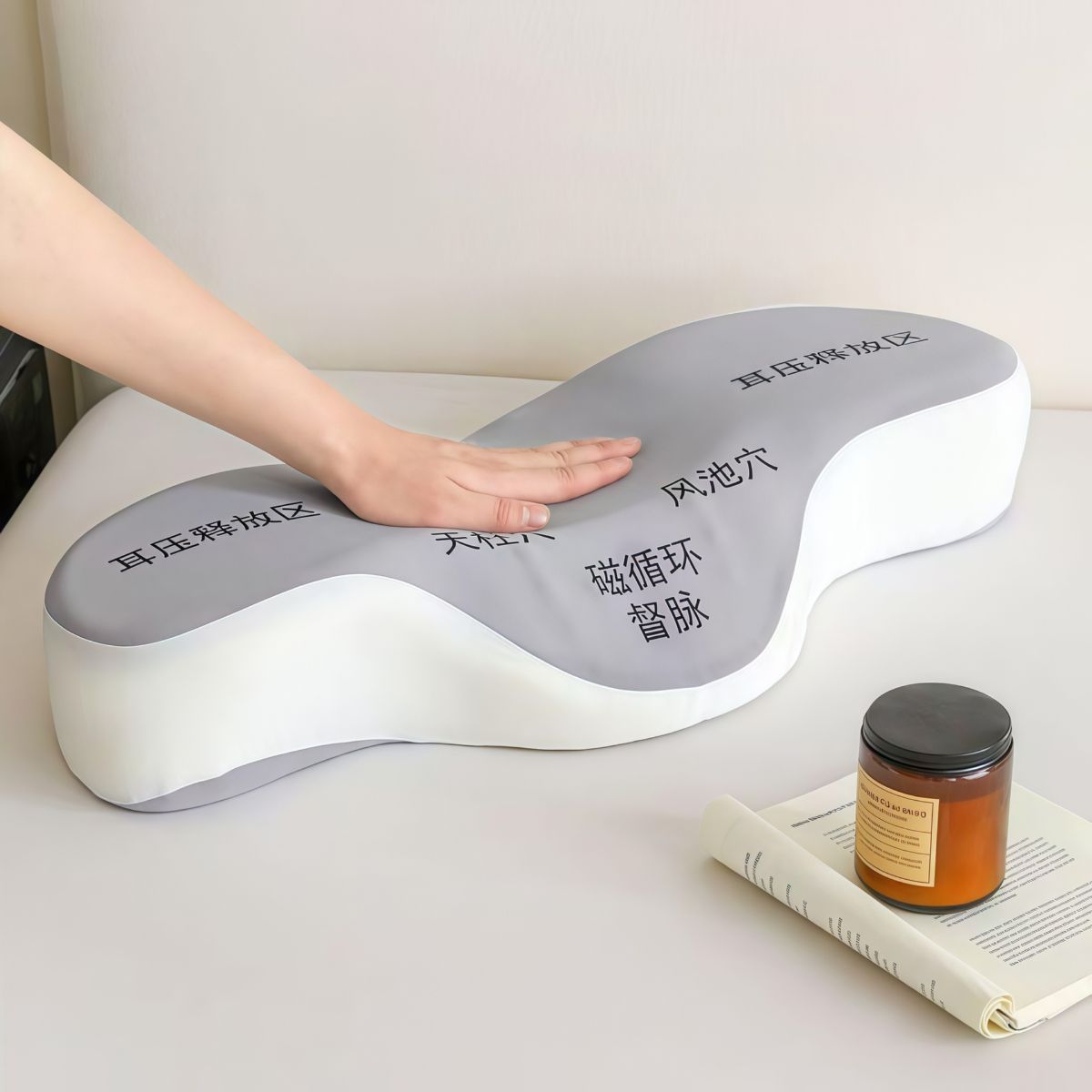 Memory foam pillow, cervical spine correction with massage