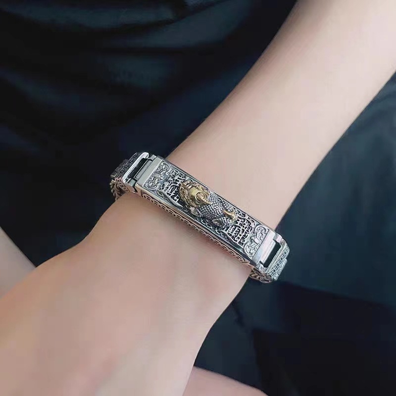 Pixiu silver bracelet, 18 beads, vintage design, wide band