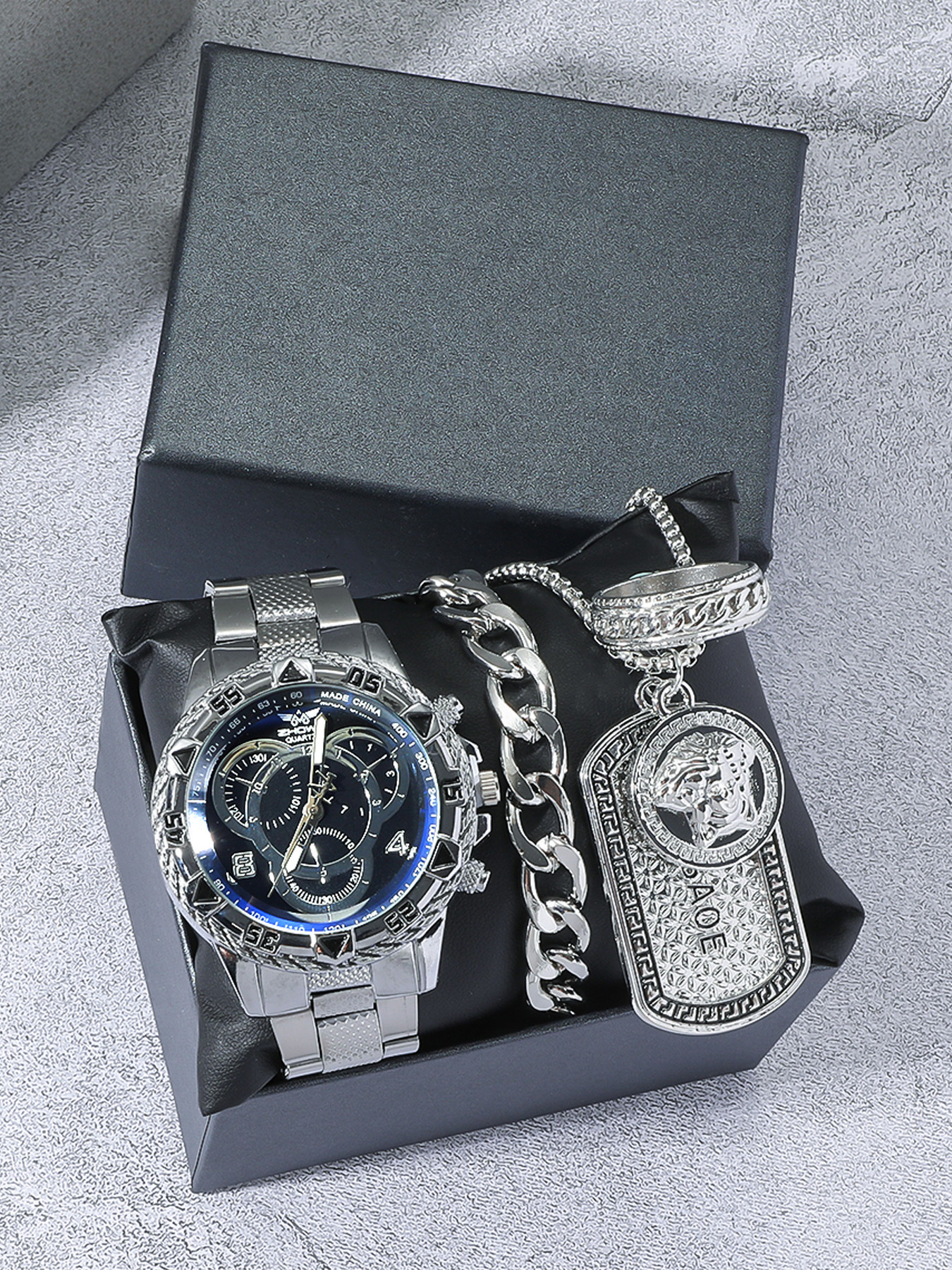 Erkek kuvars saat seti, büyük kadran, çelik bant, 4 parça