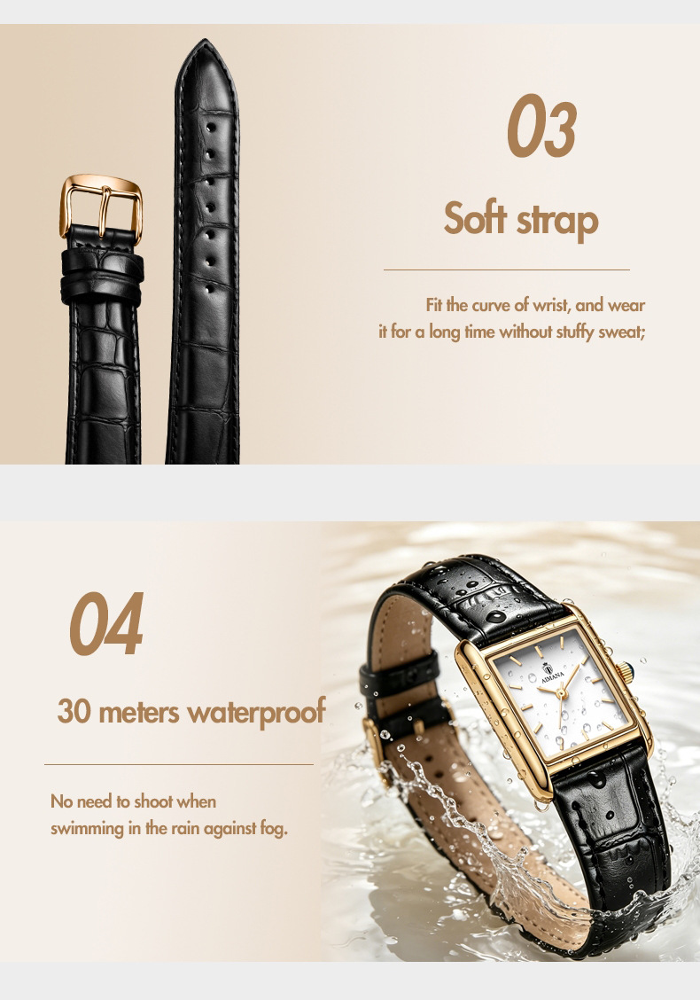 AIMANA Damenuhr, quadratisches Design, wasserdicht Quarz